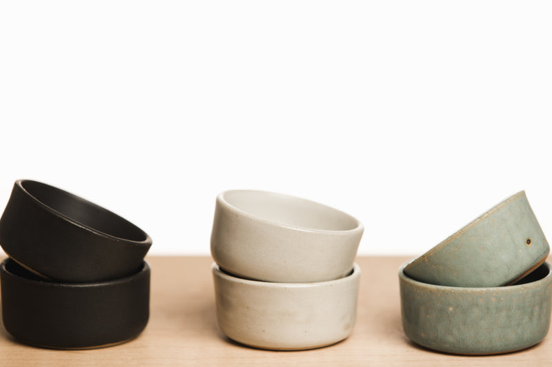 Black, white and turquoise mini ceramic bowls