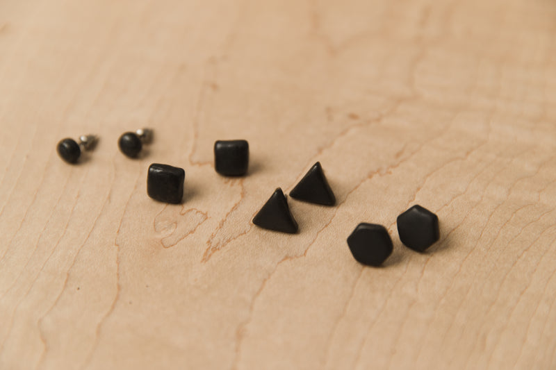 Black circle stud earrings, Black square stud earrings, Black triangle stud earrings, Black hexagon stud earrings