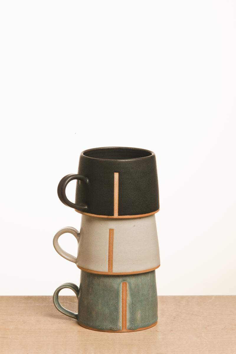 Black ceramic mug with line, White ceramic mug with line, Turquoise ceramic mug with line